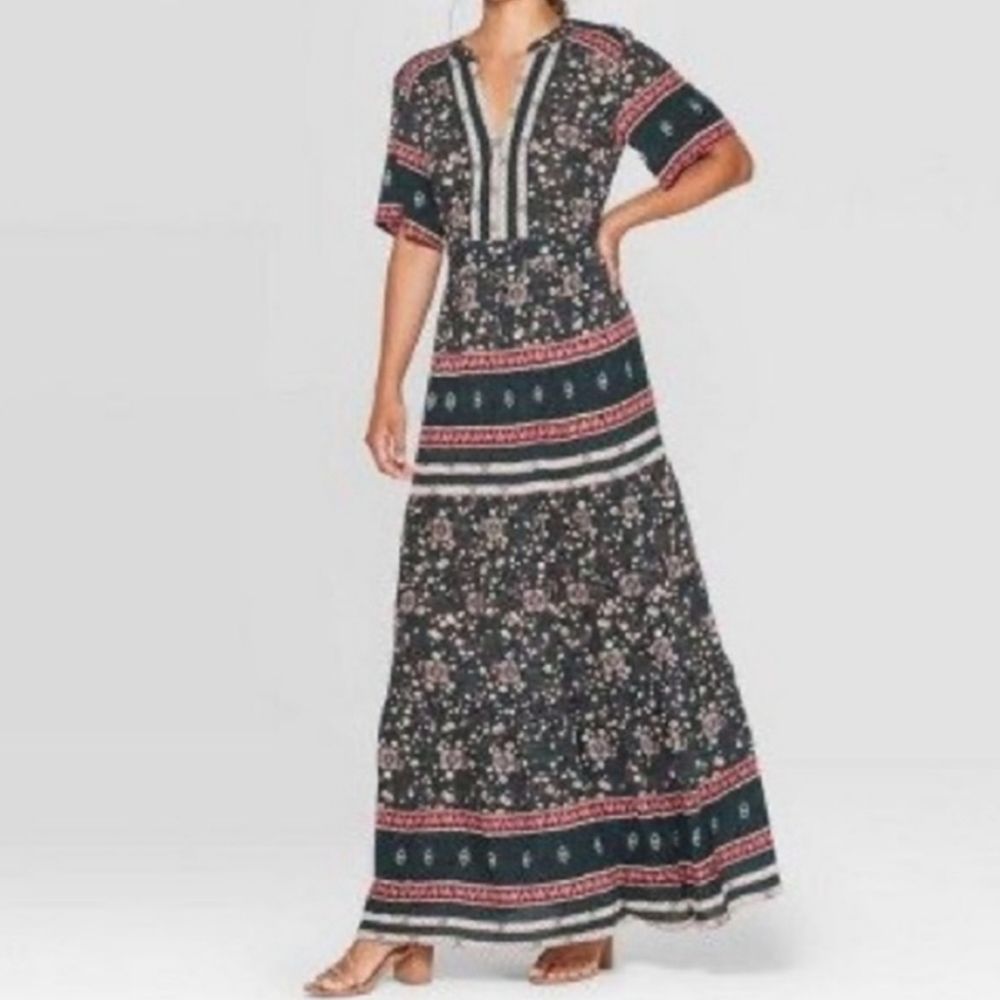 Knox Rose Boho Prairie Floral Maxi Dress L